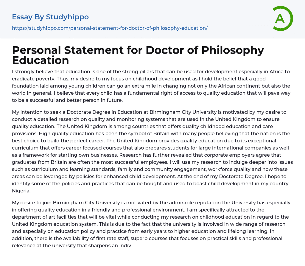 Personal Statement for Doctor of Philosophy Education Essay Example