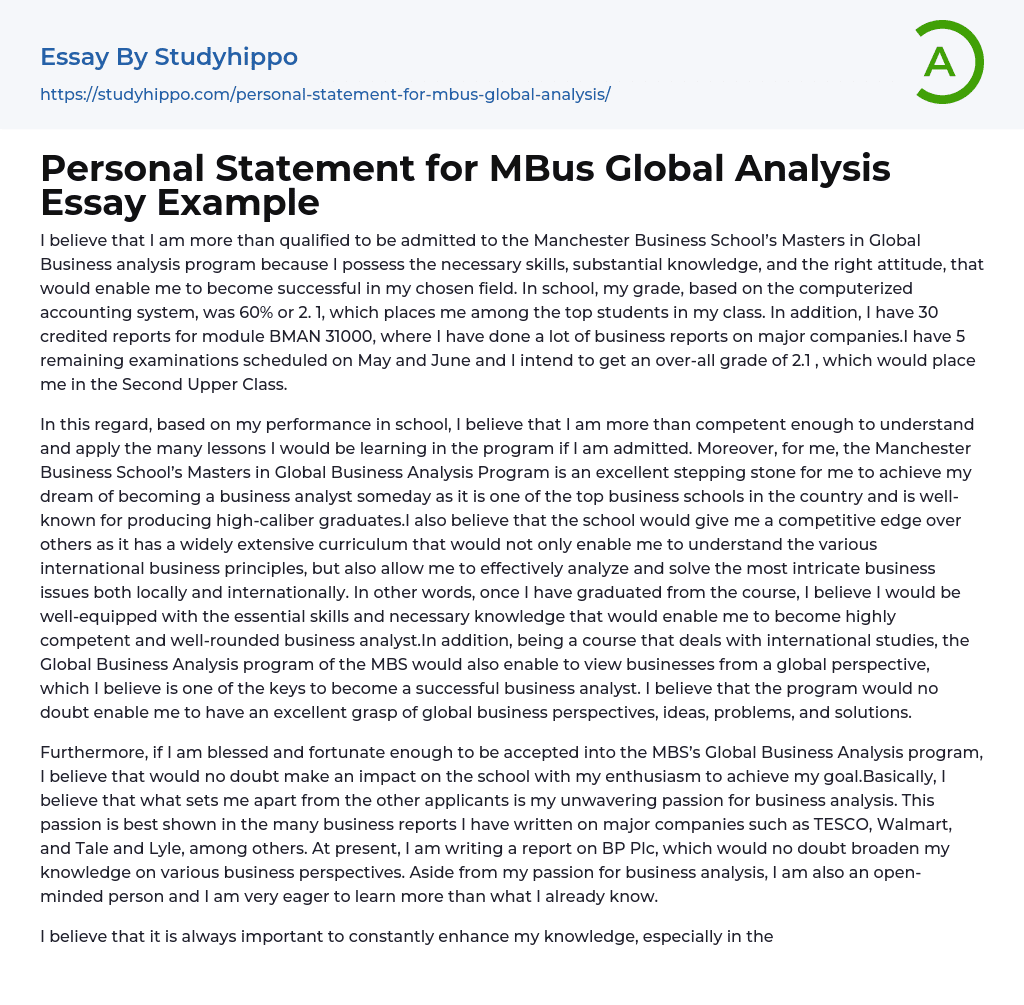 Personal Statement for MBus Global Analysis Essay Example