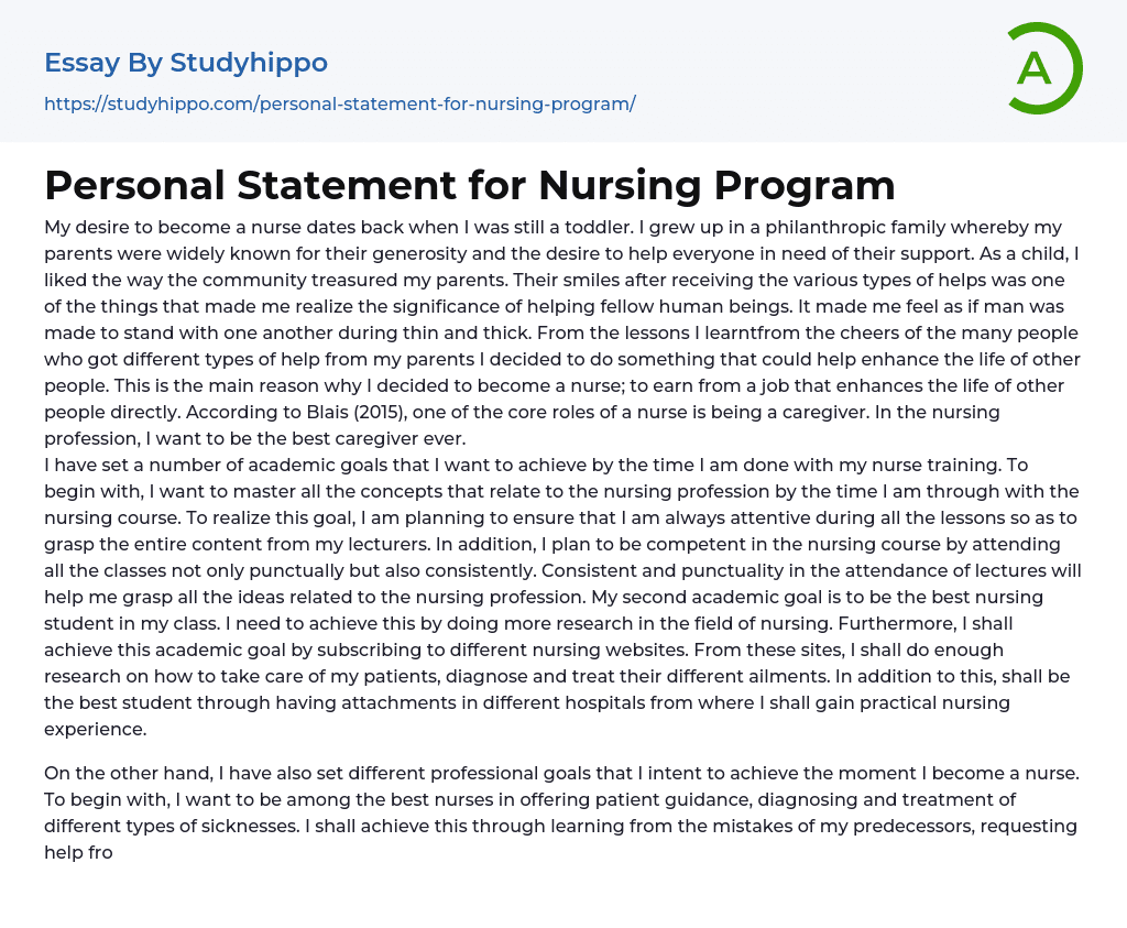 Personal Statement for Nursing Program Essay Example