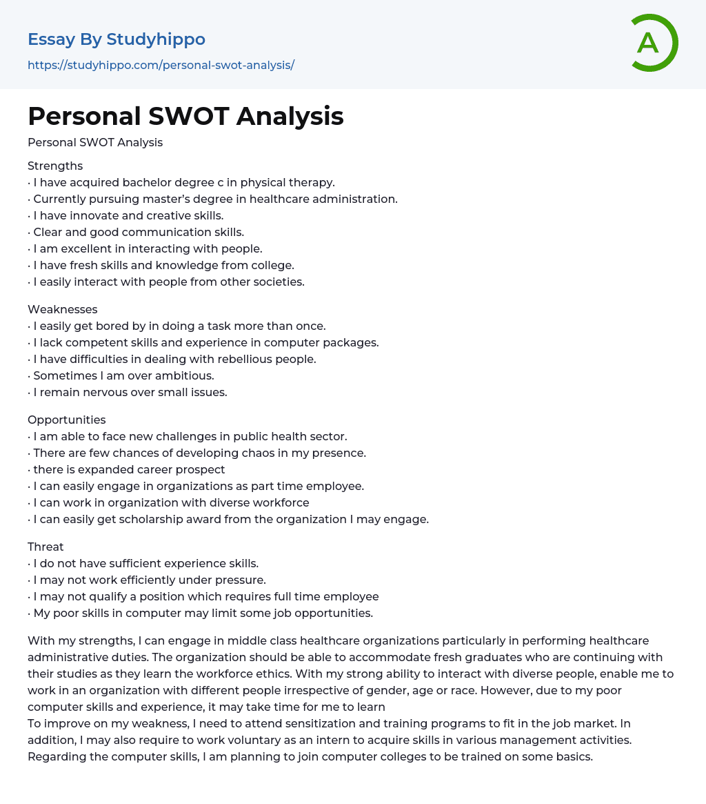 Personal SWOT Analysis Essay Example