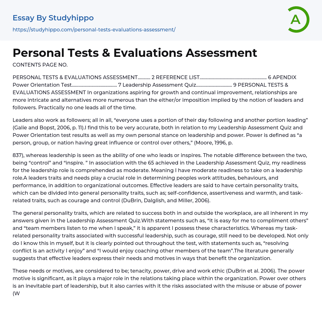 Personal Tests & Evaluations Assessment Essay Example