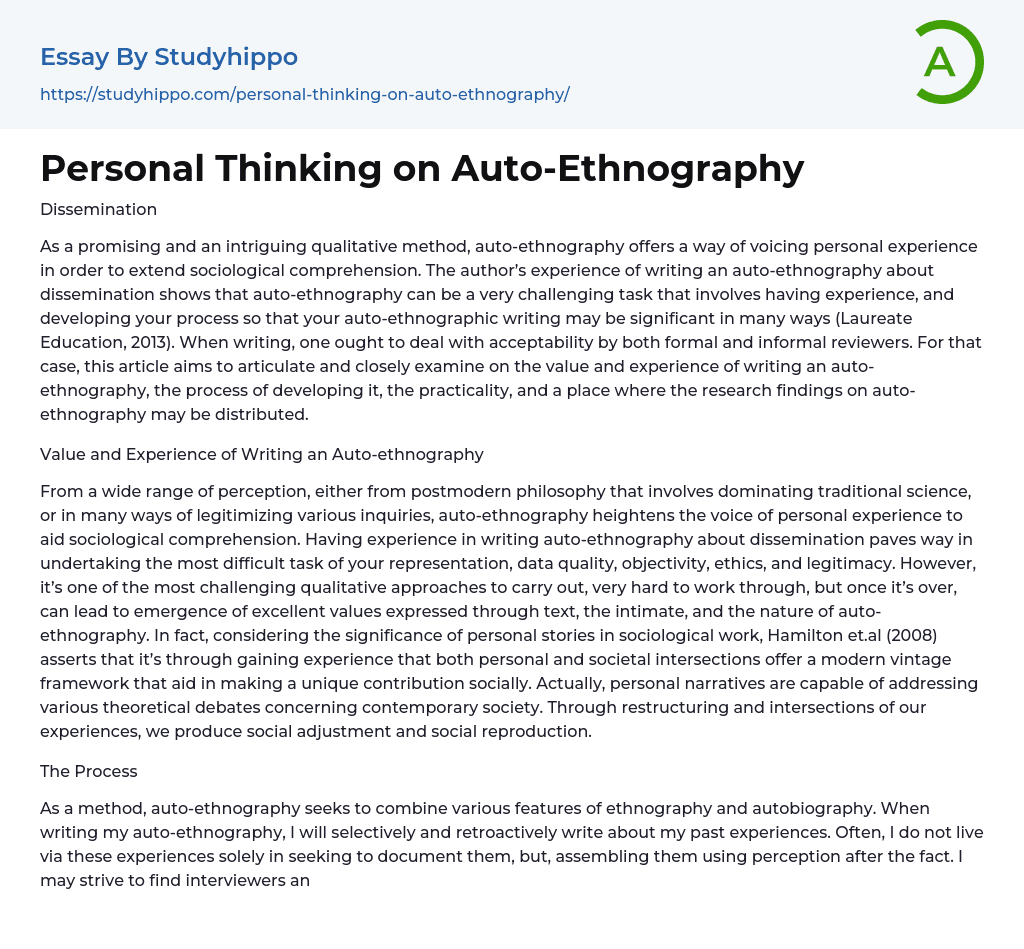 Personal Thinking on Auto-Ethnography Essay Example
