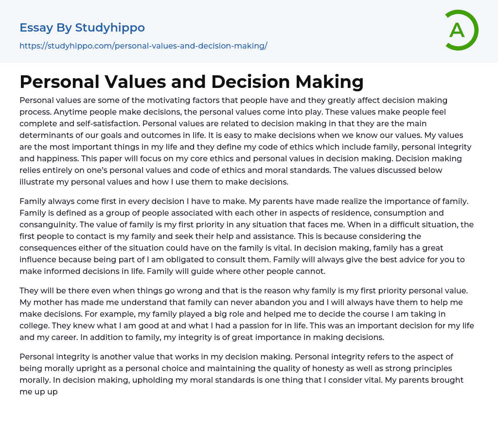 Personal Values and Decision Making Essay Example