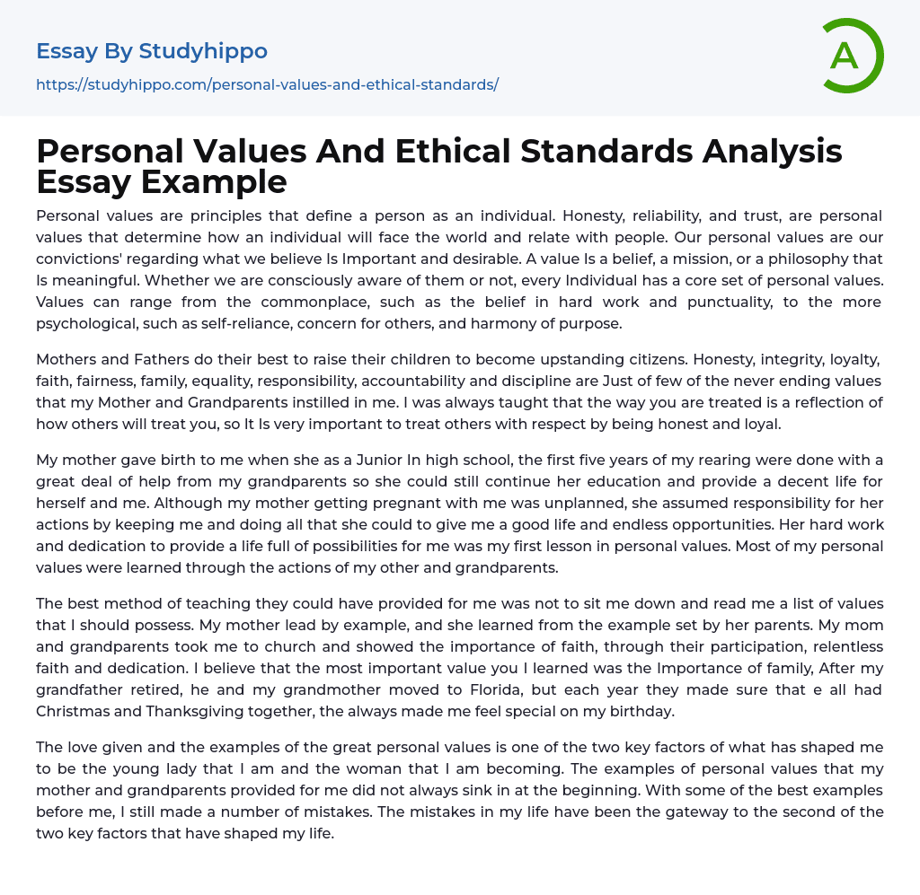 Personal Values And Ethical Standards Analysis Essay Example