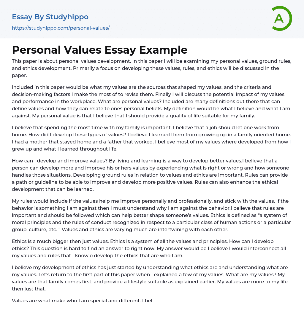 Personal Values Essay Example