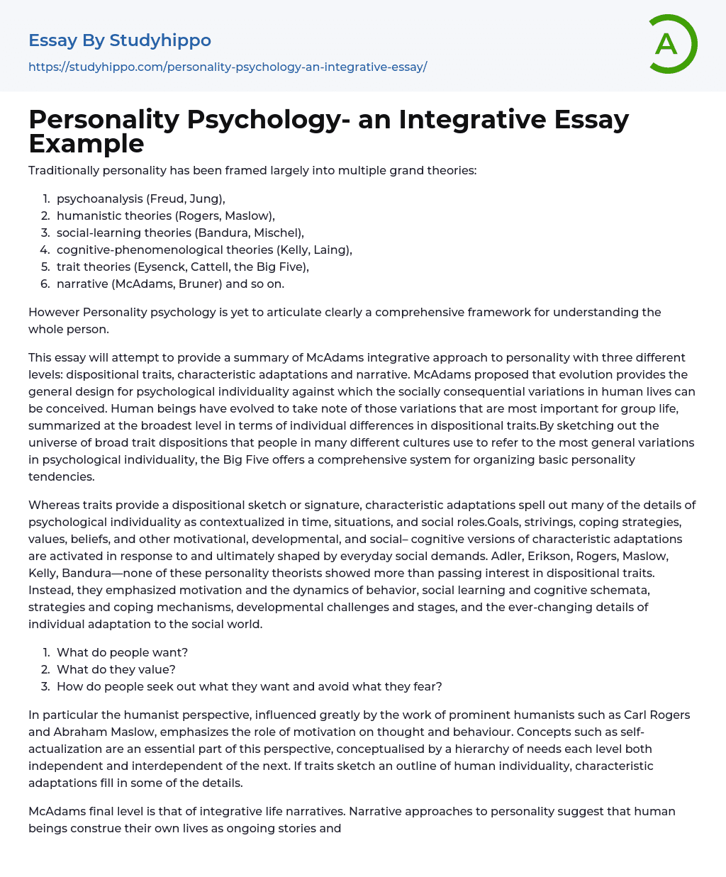 Personality Psychology- an Integrative Essay Example