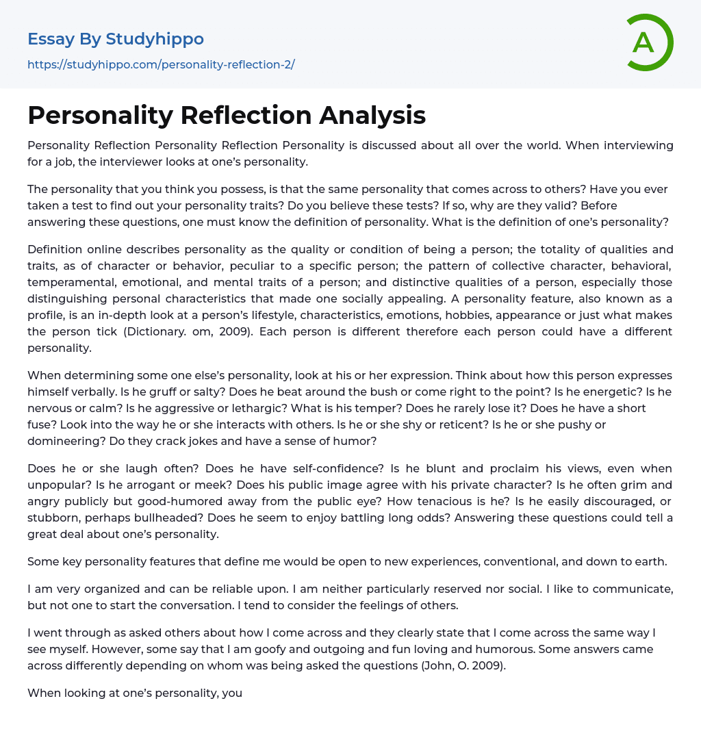 Personality Reflection Analysis Essay Example