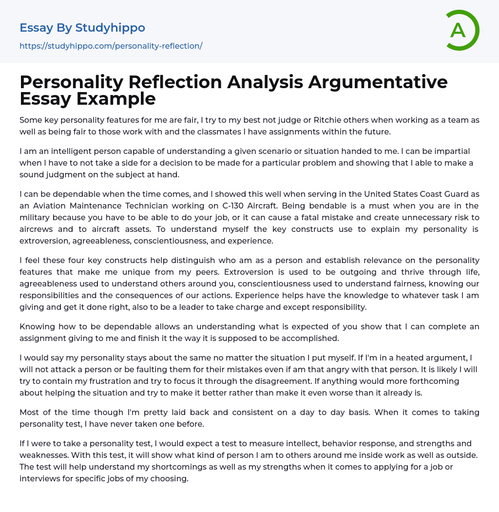 Personality Reflection Analysis Argumentative Essay Example