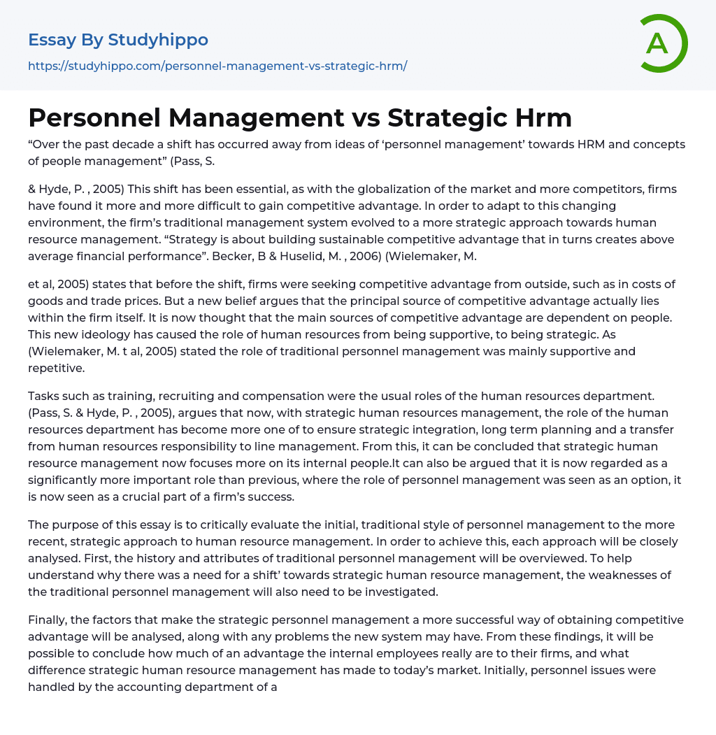 Personnel Management vs Strategic Hrm Essay Example