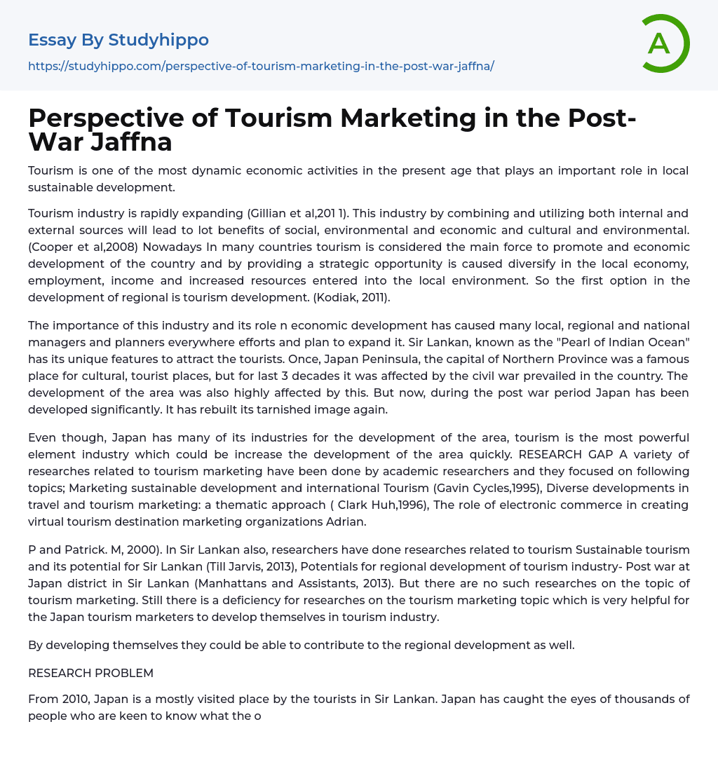 Perspective of Tourism Marketing in the Post-War Jaffna Essay Example