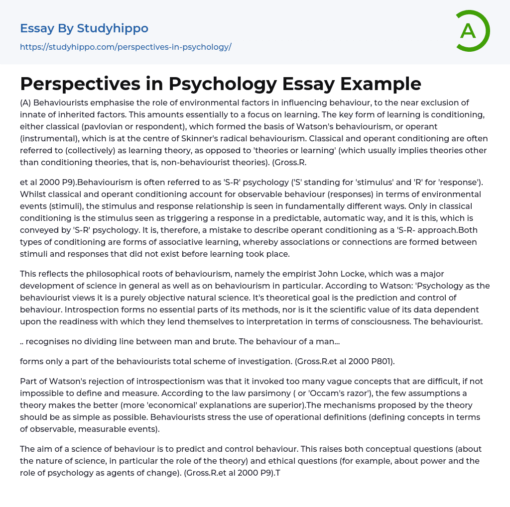 Perspectives in Psychology Essay Example