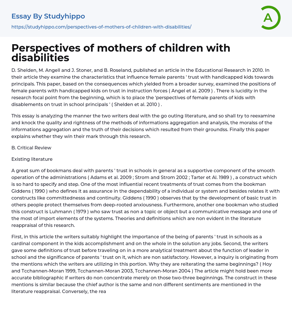 Perspectives of mothers of children with disabilities Essay Example