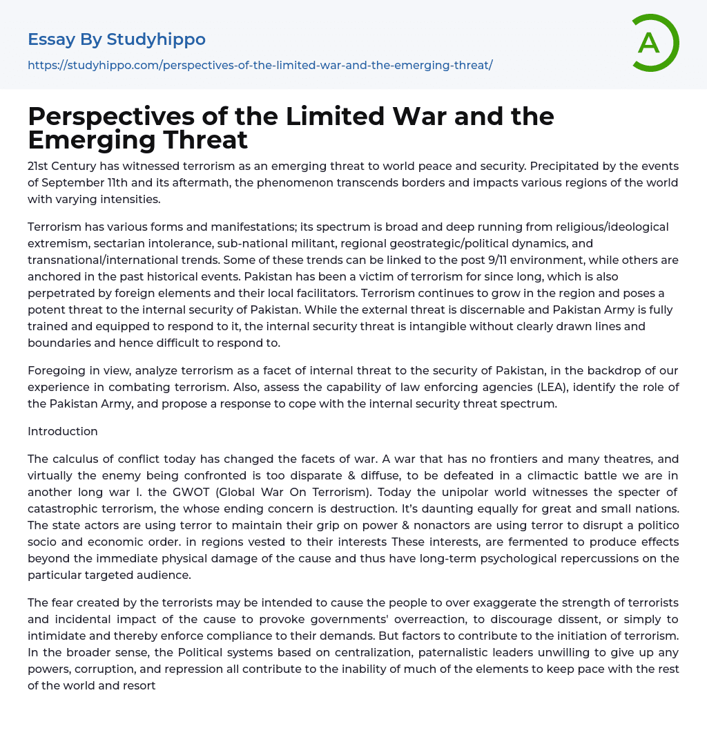 Perspectives of the Limited War and the Emerging Threat Essay Example