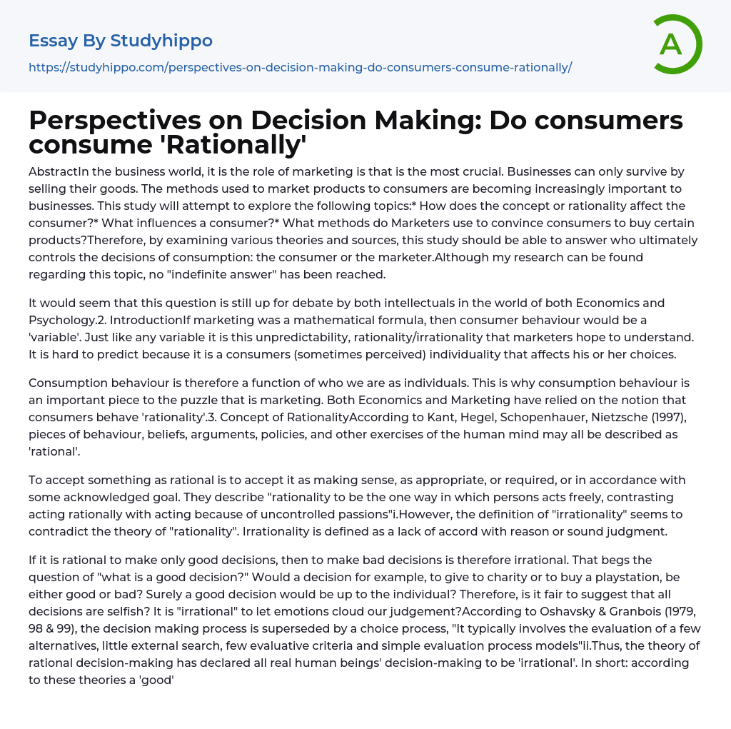 Perspectives on Decision Making: Do consumers consume ‘Rationally’ Essay Example