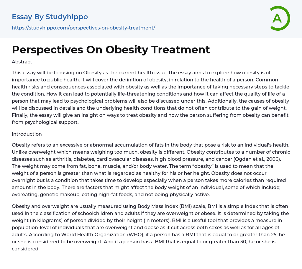 Perspectives On Obesity Treatment Essay Example