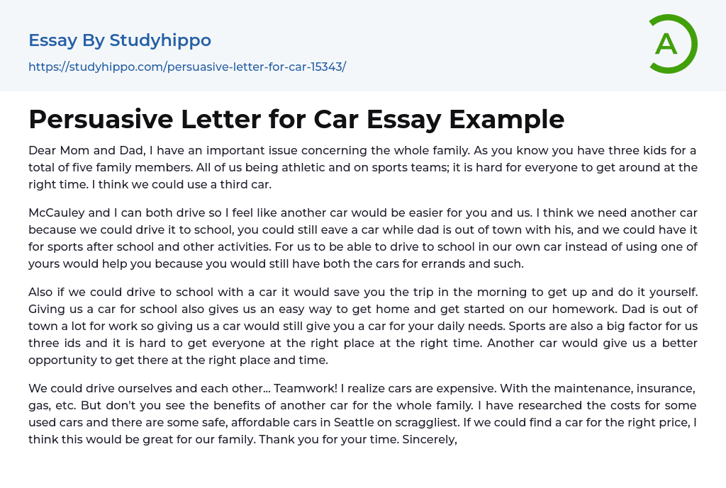 Persuasive Letter for Car Essay Example