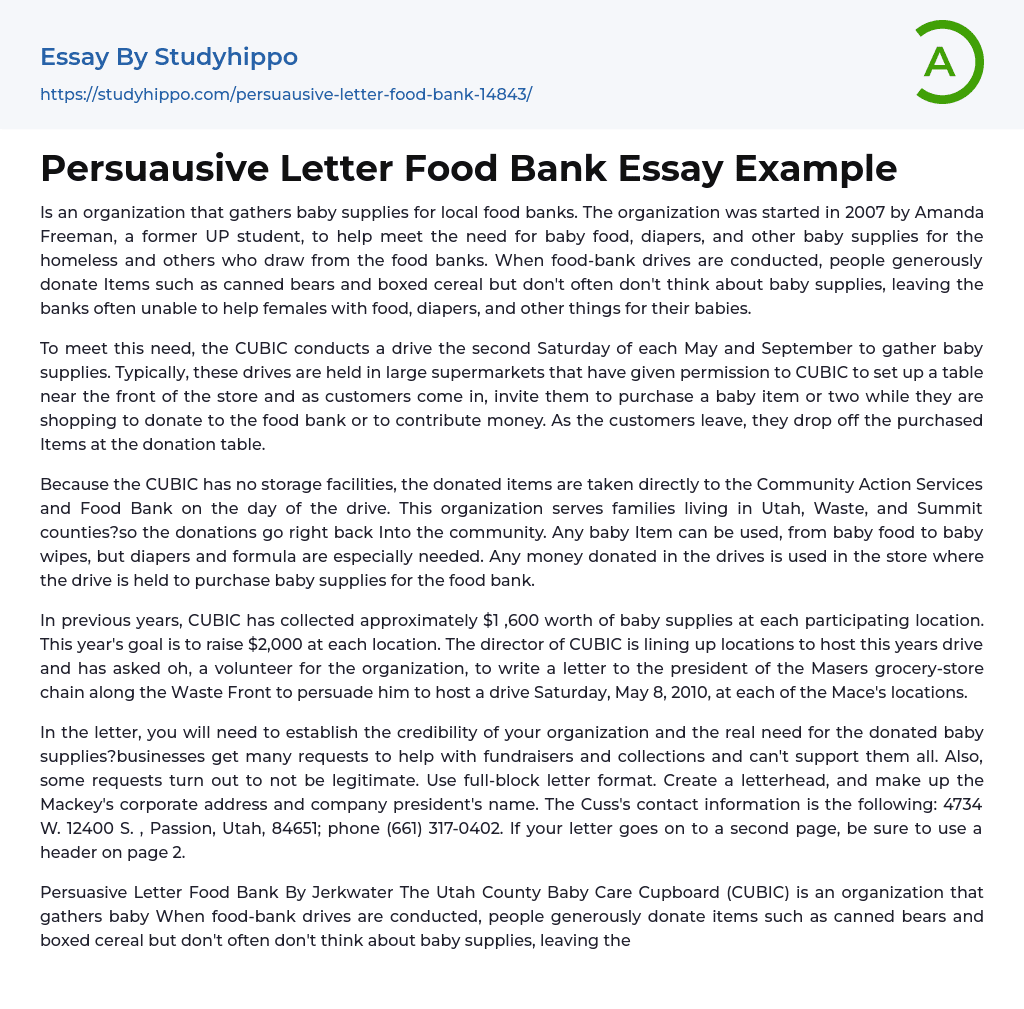 Persuausive Letter Food Bank Essay Example