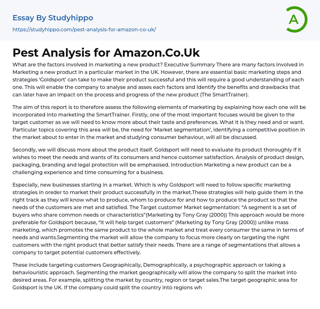 Pest Analysis for Amazon.Co.Uk Essay Example