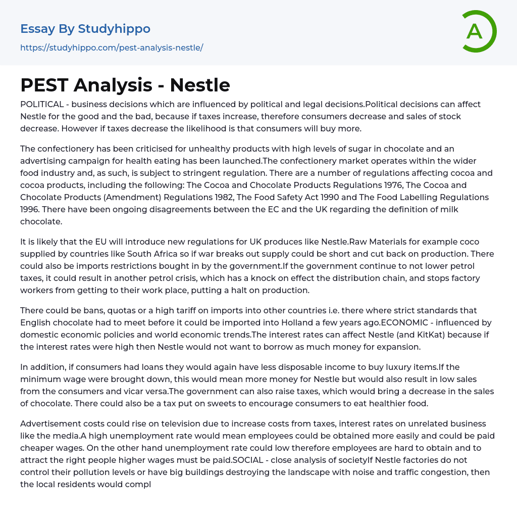 PEST Analysis – Nestle Essay Example