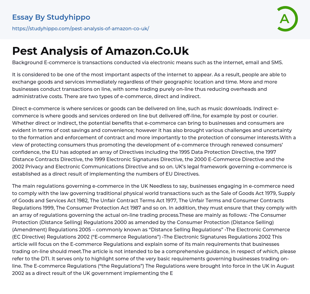 Pest Analysis of Amazon.Co.Uk Essay Example