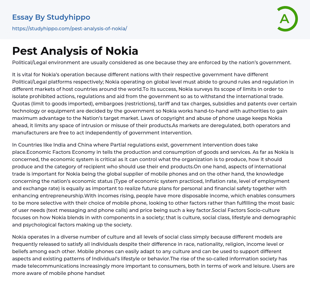 Pest Analysis of Nokia Essay Example