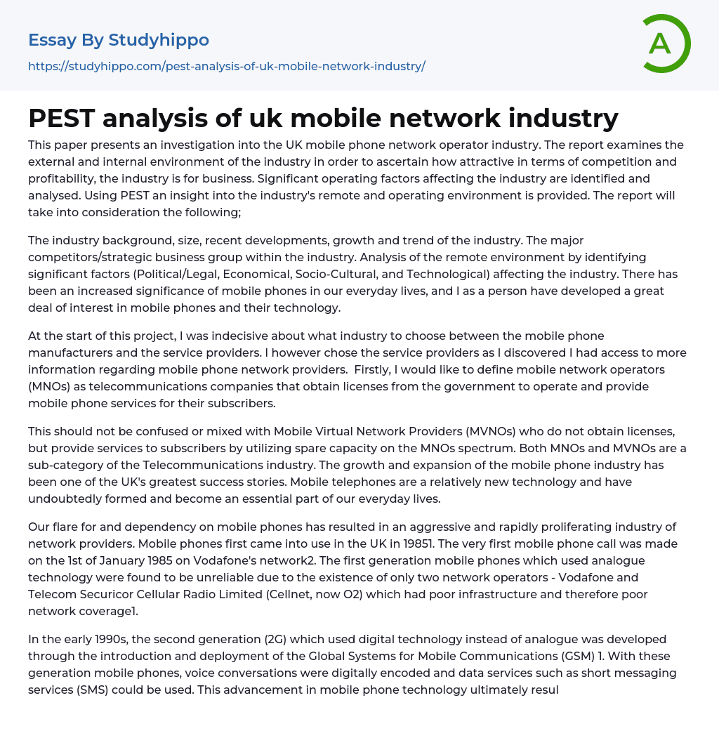 PEST analysis of uk mobile network industry Essay Example