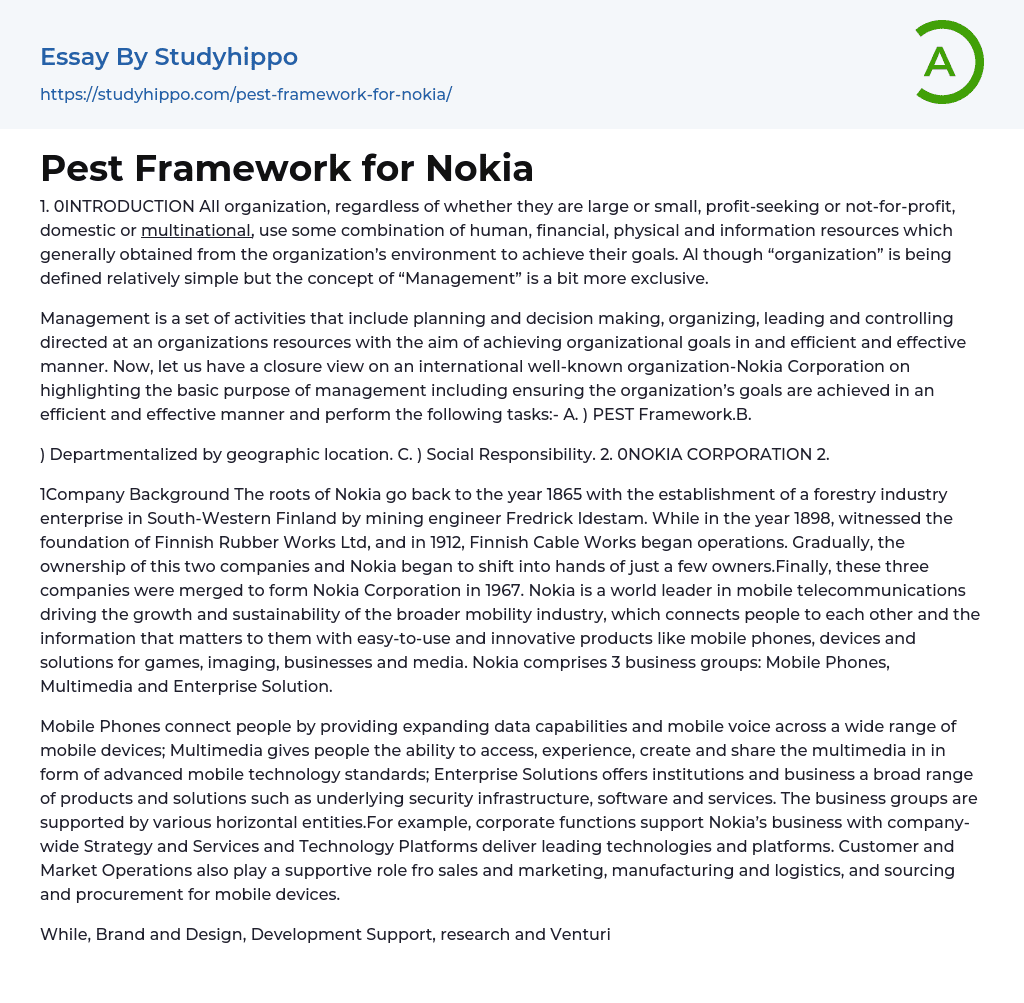 Pest Framework for Nokia Essay Example