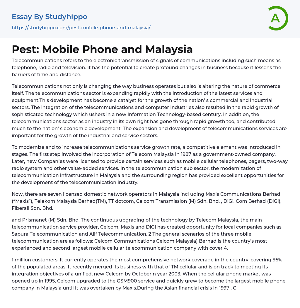 Pest: Mobile Phone and Malaysia Essay Example