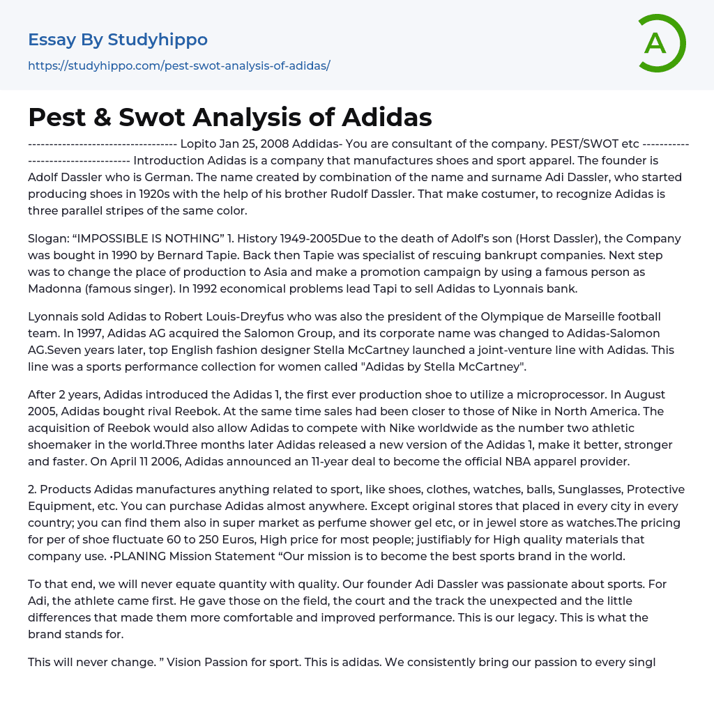 Pest & Swot Analysis of Adidas Essay Example