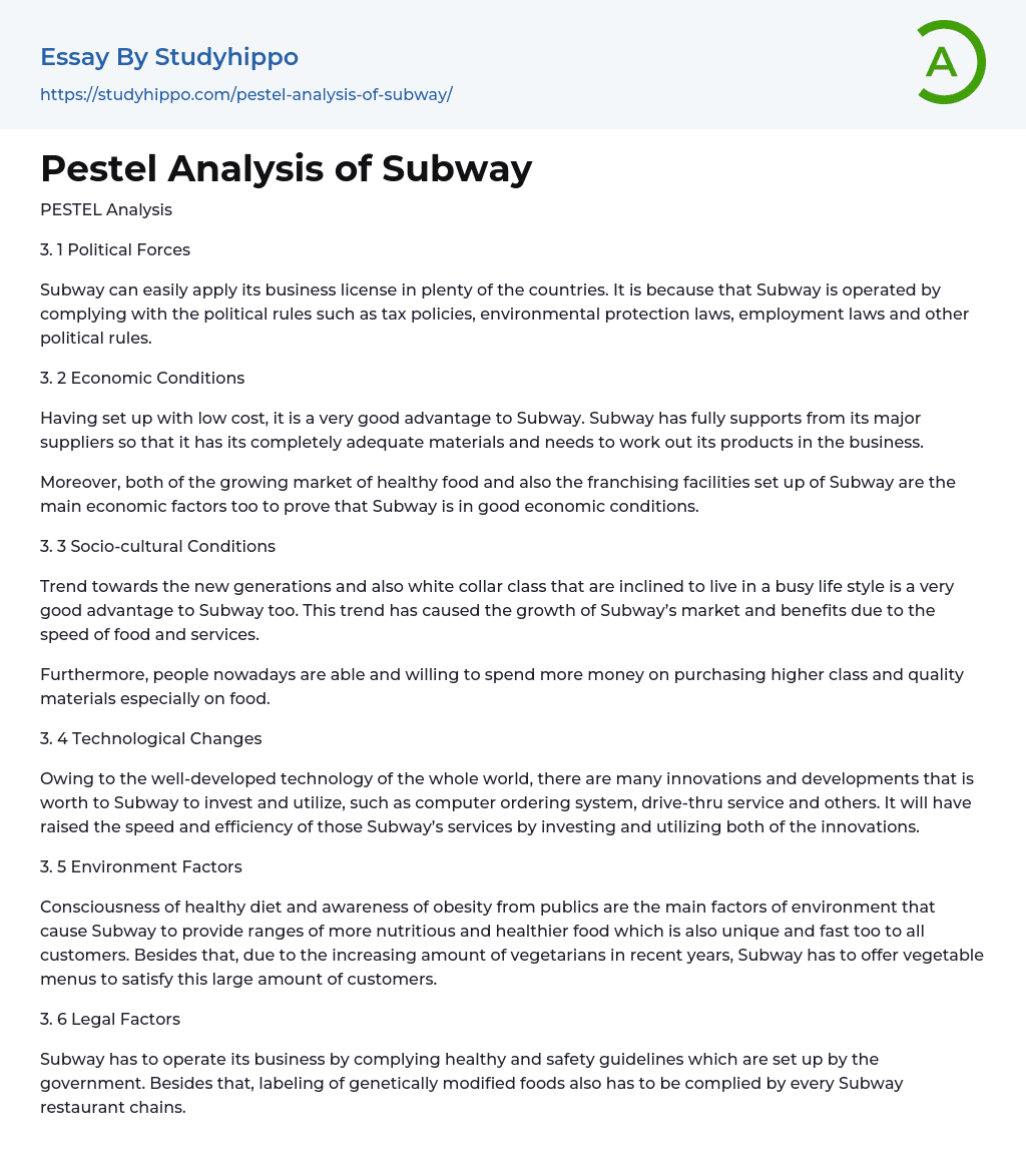 Pestel Analysis of Subway Essay Example