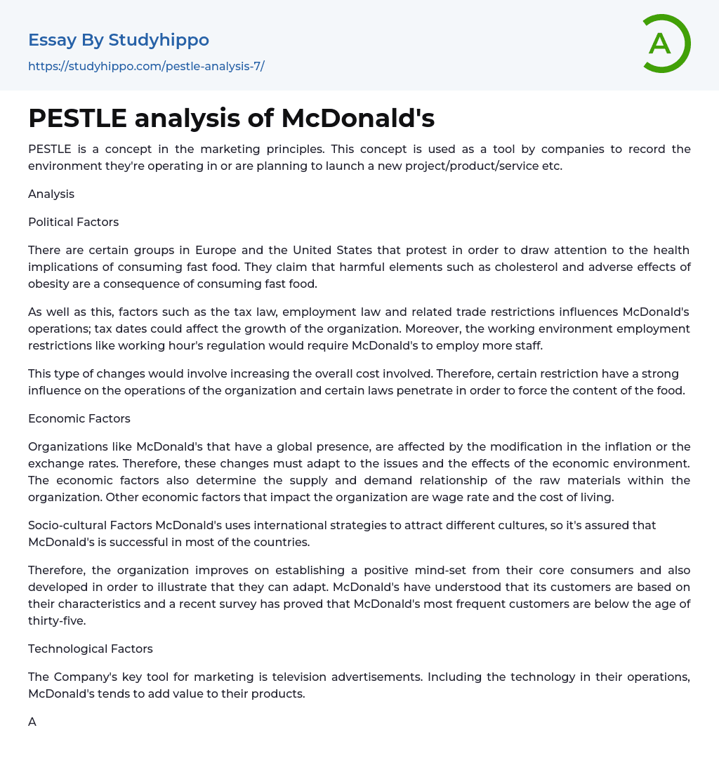 PESTLE analysis of McDonald’s Essay Example