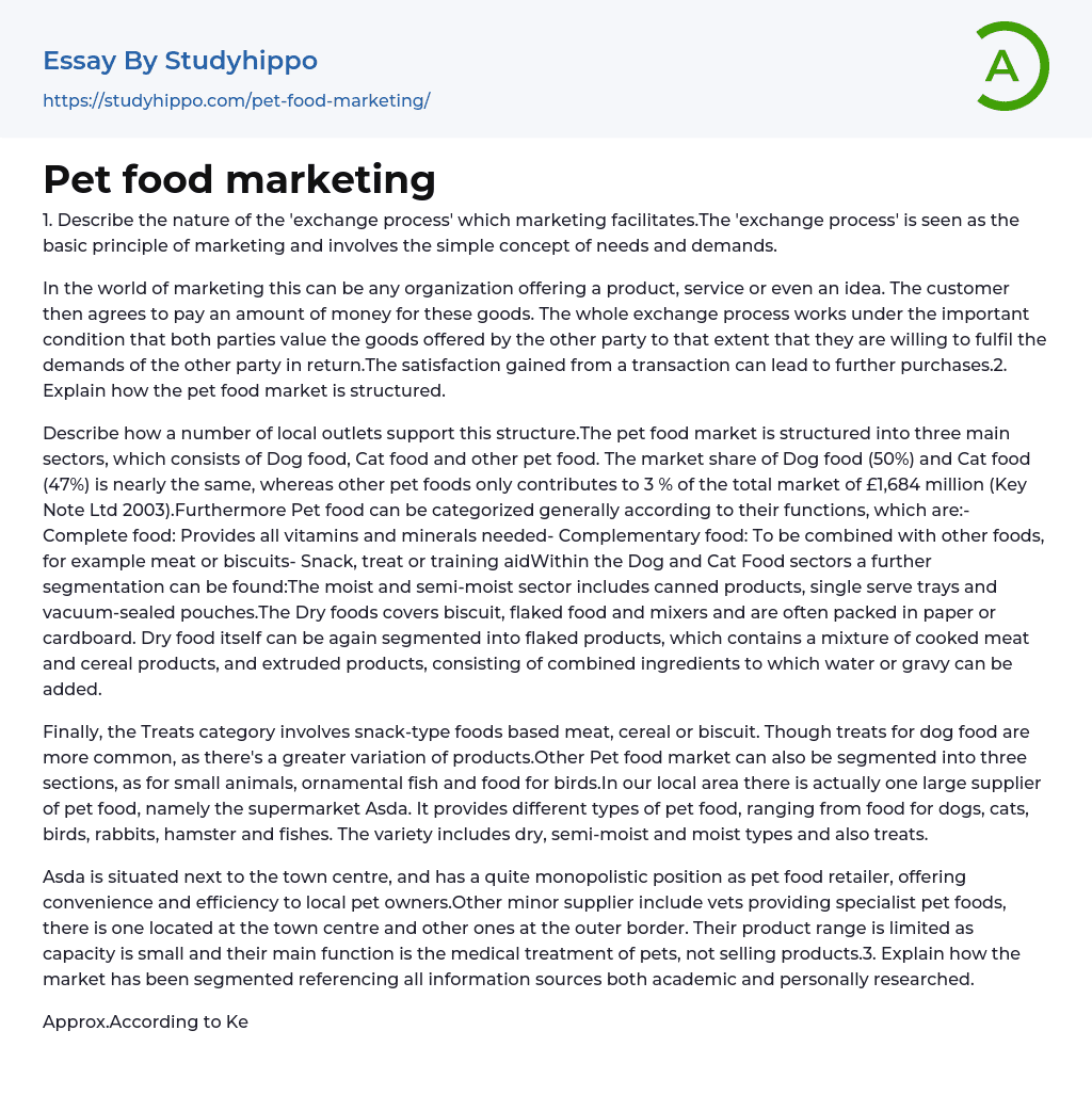 Pet food marketing Essay Example