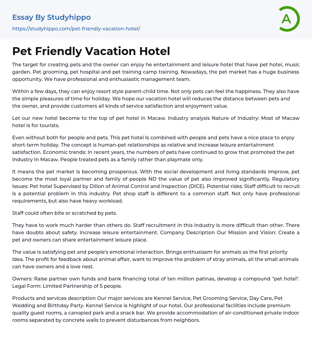 Pet Friendly Vacation Hotel Essay Example
