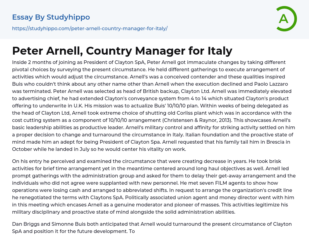 Peter Arnell, Country Manager for Italy Essay Example