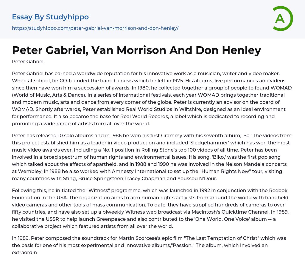 Peter Gabriel, Van Morrison And Don Henley Essay Example