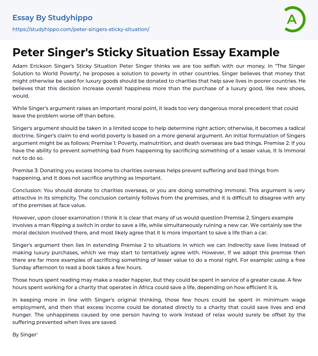 Peter Singer’s Sticky Situation Essay Example
