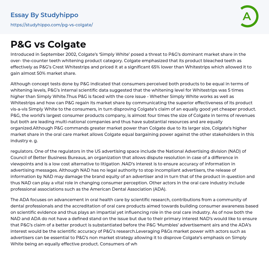 P&G vs Colgate Essay Example