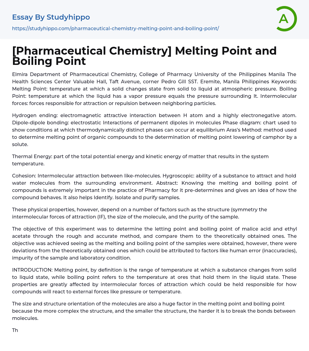 [Pharmaceutical Chemistry] Melting Point and Boiling Point Essay Example