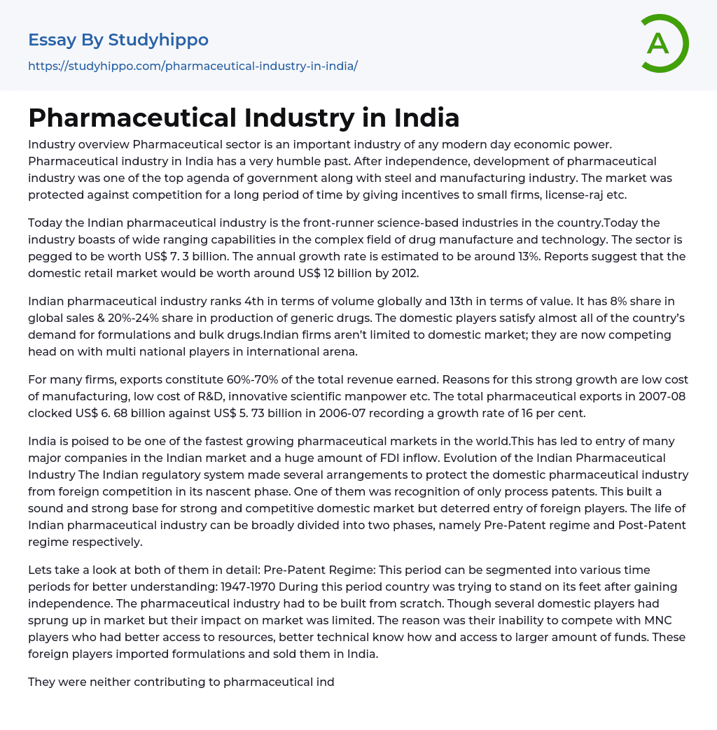 Pharmaceutical Industry in India Essay Example