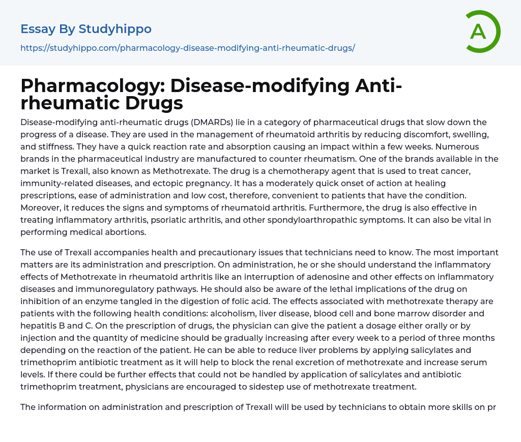 Pharmacology: Disease-modifying Anti-rheumatic Drugs Essay Example