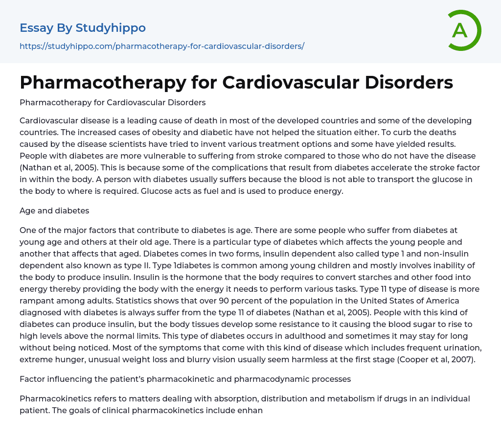 Pharmacotherapy for Cardiovascular Disorders Essay Example