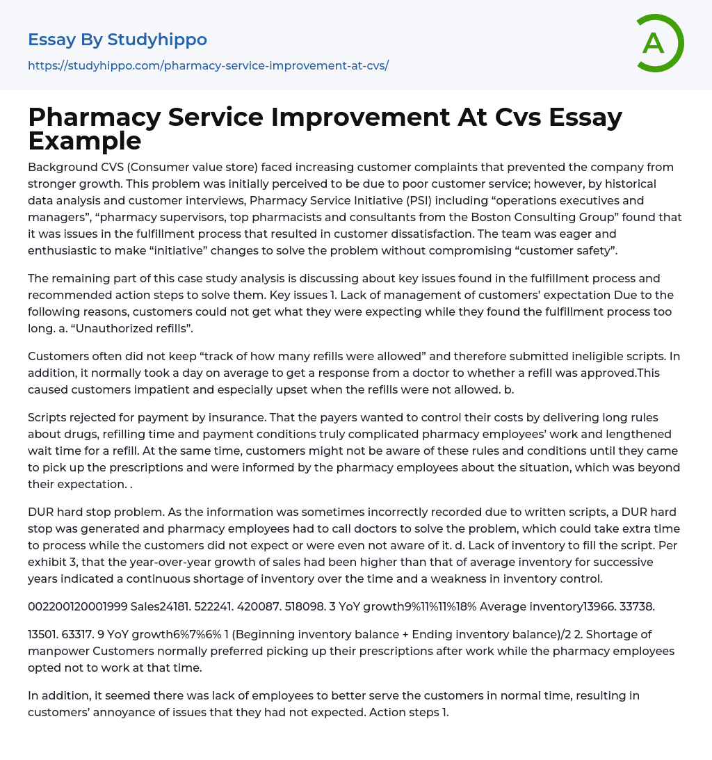 Pharmacy Service Improvement At Cvs Essay Example