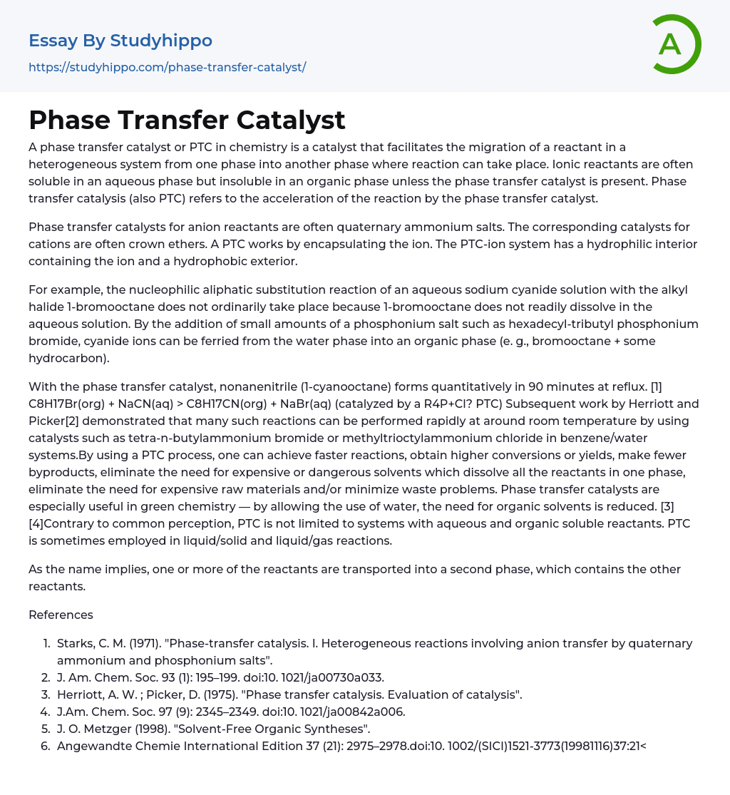 Phase Transfer Catalyst Essay Example