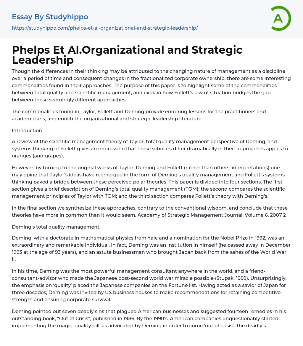 Phelps Et Al.Organizational and Strategic Leadership Essay Example