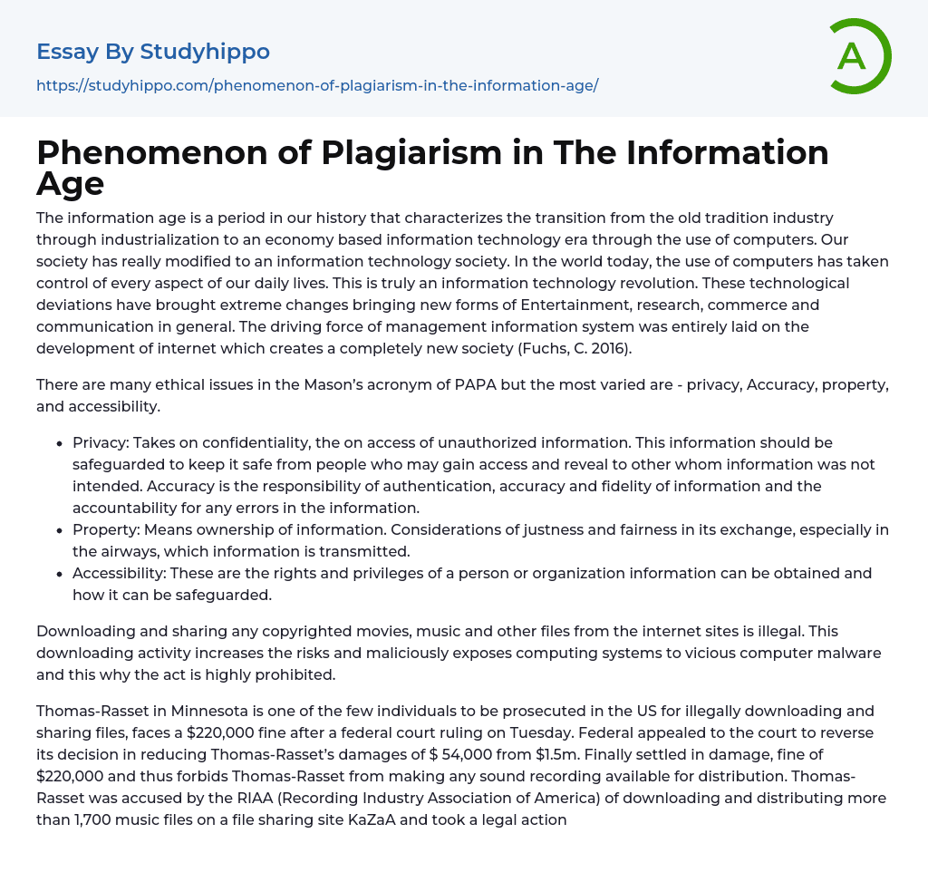 Phenomenon of Plagiarism in The Information Age Essay Example