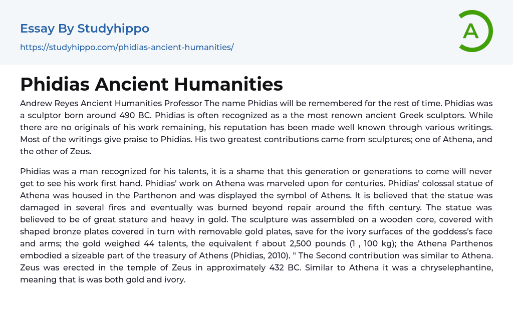 Phidias Ancient Humanities Essay Example