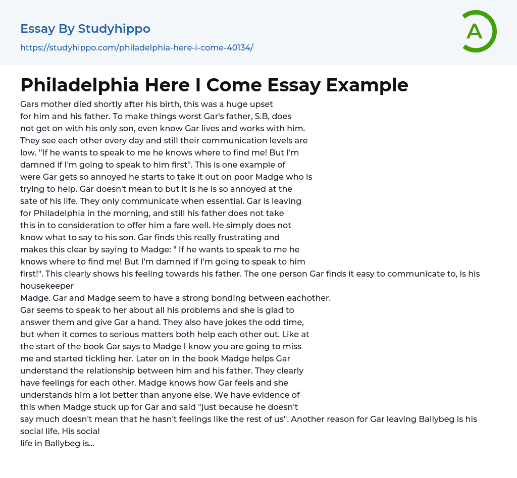 Philadelphia Here I Come Essay Example