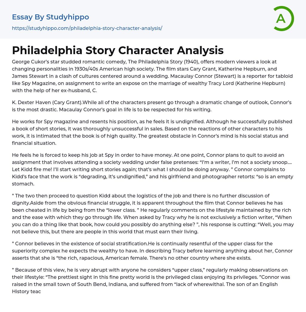 Philadelphia Story Character Analysis Essay Example