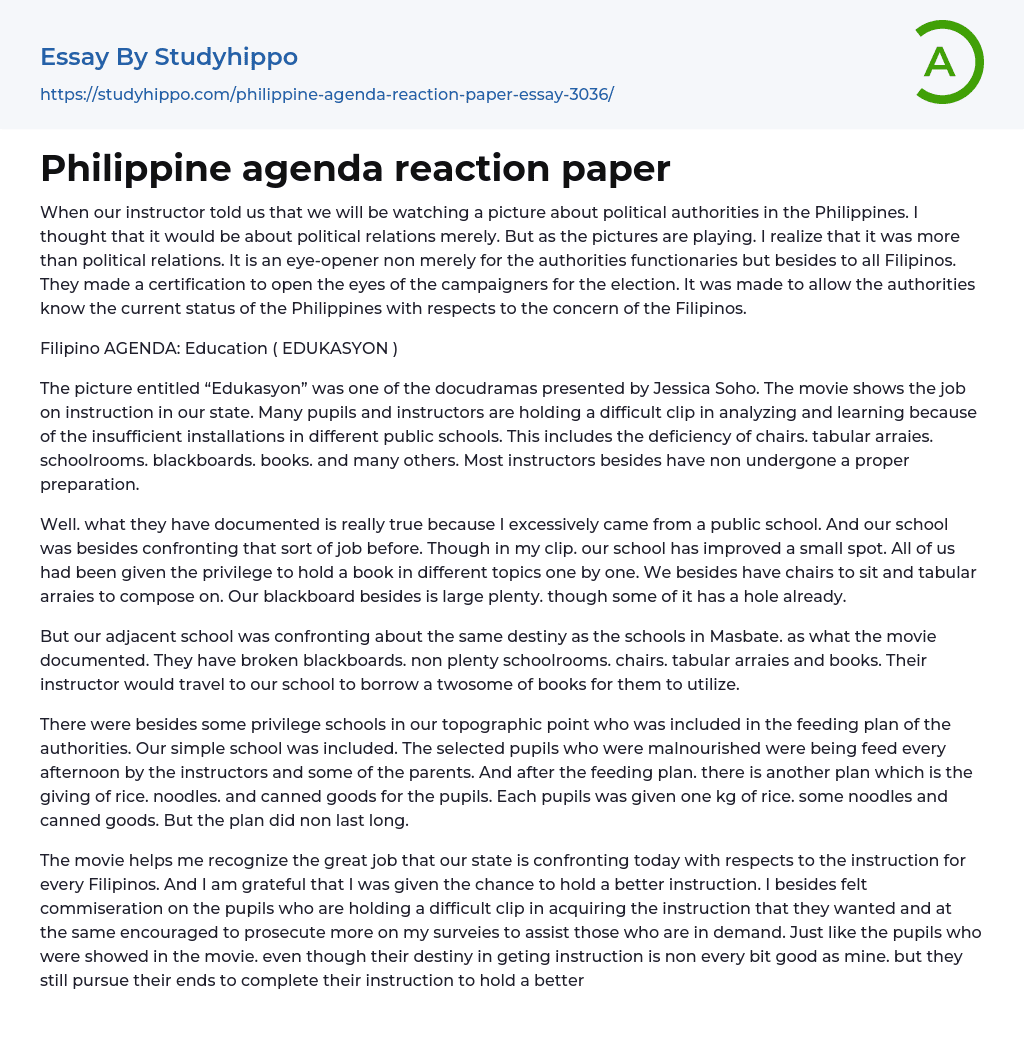Philippine agenda reaction paper Essay Example