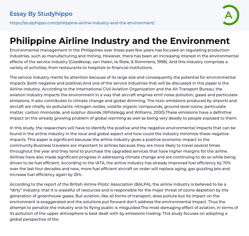 Philippine Airline Industry and the Environment Essay Example